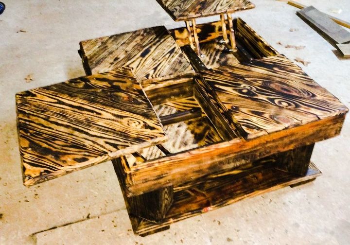 pallet wood coffee table with cantilevered sections to use a tray tabl, painted furniture, pallet