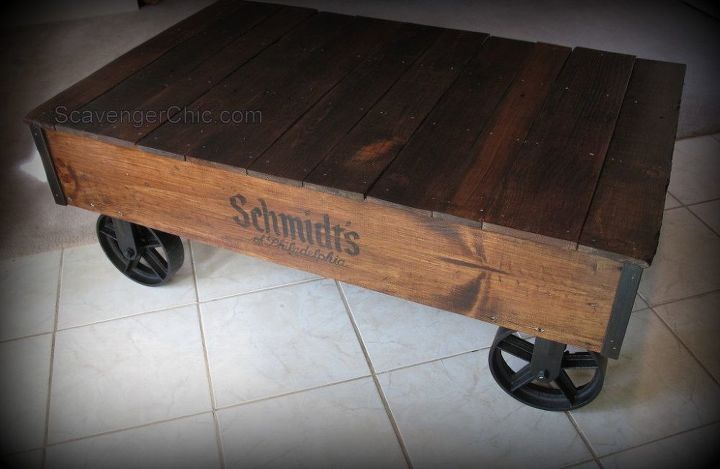 mesa de centro de madeira de paletes de carrinho industrial
