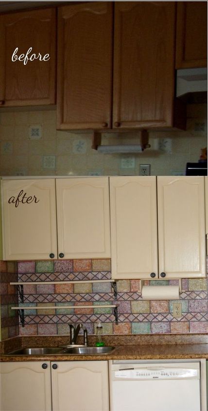 kitchen makeover with a colorful painted back splash, kitchen design, Before and after
