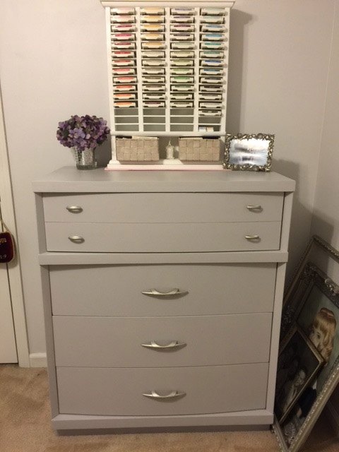 q should i paint or refinish, painted furniture, I repainted this piece using Glidden in pebble grey I kept the original hardware just spray painted it silver I am so pleased with how this turned out