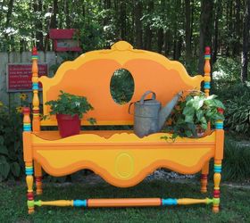 15 whimsical ways to use old furniture in your flower bed, Turn a headboard into a colorful garden bench