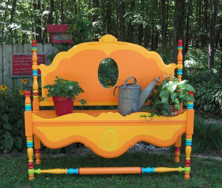 15 whimsical ways to use old furniture in your flower bed, Turn a headboard into a colorful garden bench