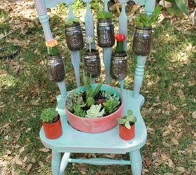 15 whimsical ways to use old furniture in your flower bed, Attach cactus filled jars to an extra chair
