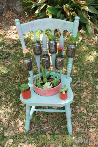 15 whimsical ways to use old furniture in your flower bed, Attach cactus filled jars to an extra chair