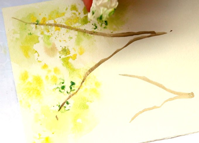 pinta un rbol de primavera en acuarela con papel desmenuzado