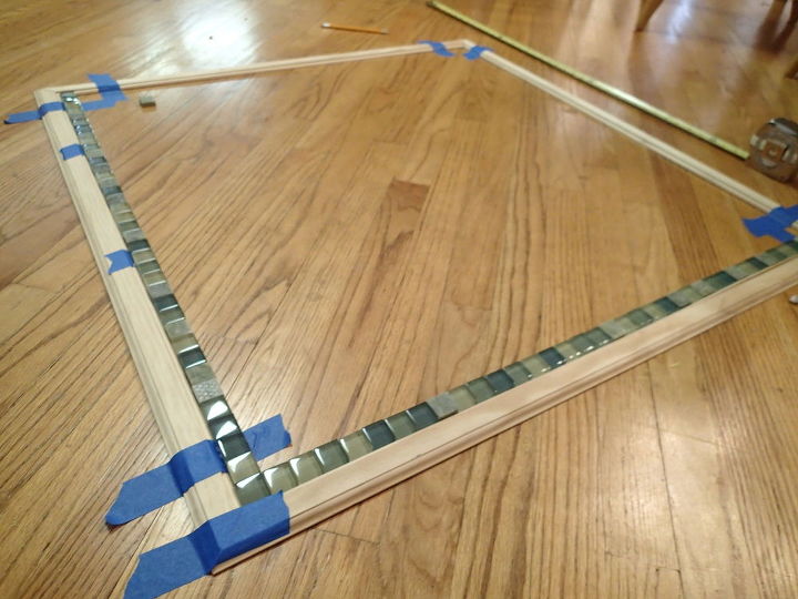 frame a mirror with moulding and tiles, bathroom ideas, chalk paint, diy, tiling, wall decor