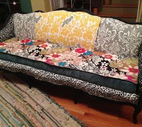 11 ways to make your beat up couch look brand new, Use mixed fabric scraps for an eclectic vibe