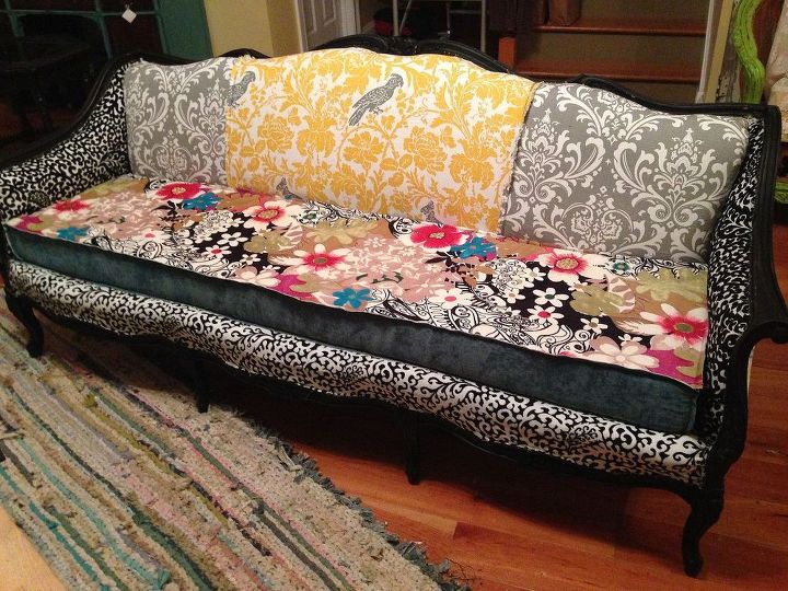 11 ways to make your beat up couch look brand new, Use mixed fabric scraps for an eclectic vibe