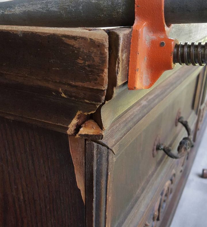 bondo and wood filler saved this vintage chest , chalk paint, painted furniture, Still a big gap even with the clamp