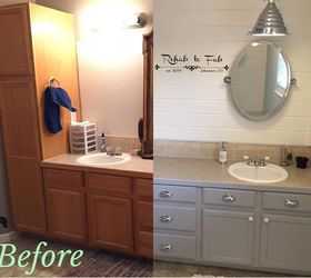my master bath got a shiplap transformation , bathroom ideas, diy, painting, wall decor, Before and After shot