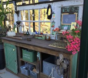 potting bench and greenhouse project, gardening, outdoor furniture, painted furniture, Old Door Reclaimed Wood Copper sink Vents
