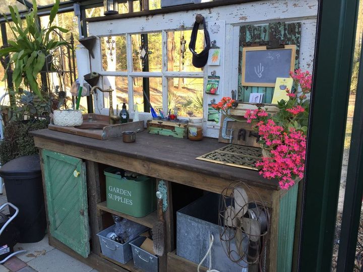 potting bench and greenhouse project, gardening, outdoor furniture, painted furniture, Old Door Reclaimed Wood Copper sink Vents