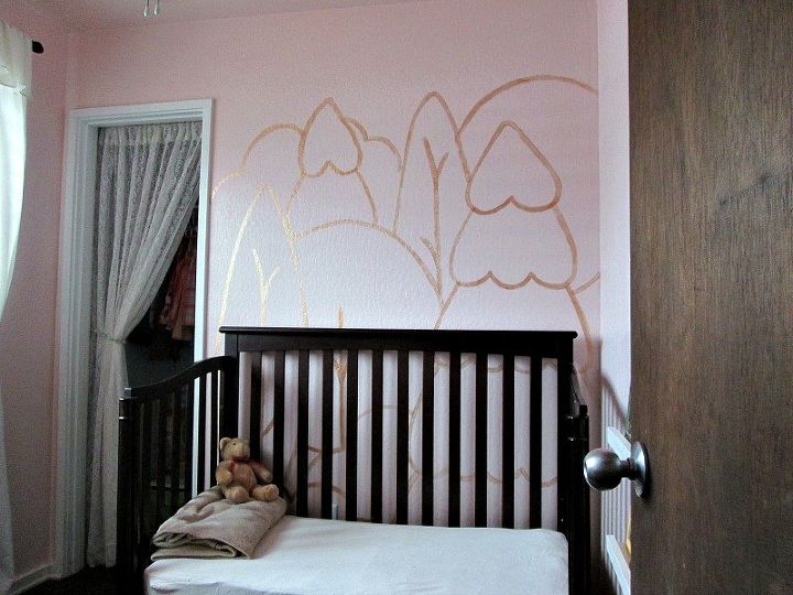 copper outlined whimsical forest mural, painting, wall decor