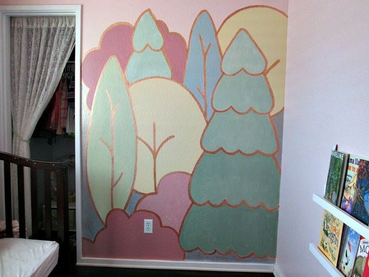 copper outlined whimsical forest mural, painting, wall decor