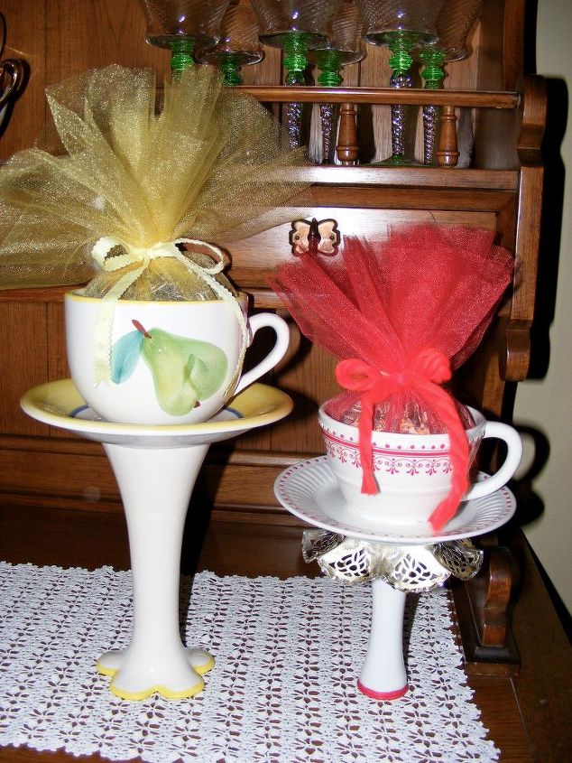 teacup bird feeder gifts , animals, crafts, gardening, outdoor living, pets animals, repurposing upcycling, Tulle birdseed bags