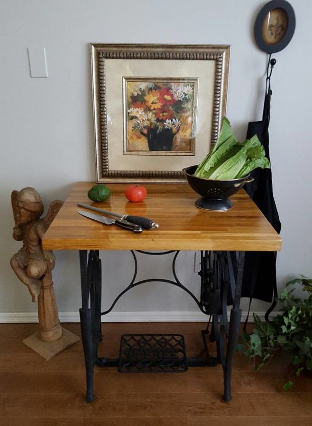 sewing machine trestle and butcher block table, countertops, painted furniture, repurposing upcycling