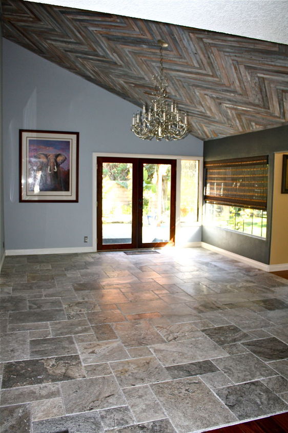 30 creative ceiling ideas that will transform any room, Layer a burst of herringbone with wood planks