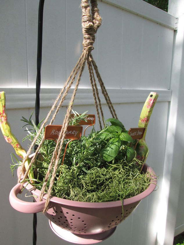 hanging strainer herb basket, container gardening, crafts, gardening, repurposing upcycling