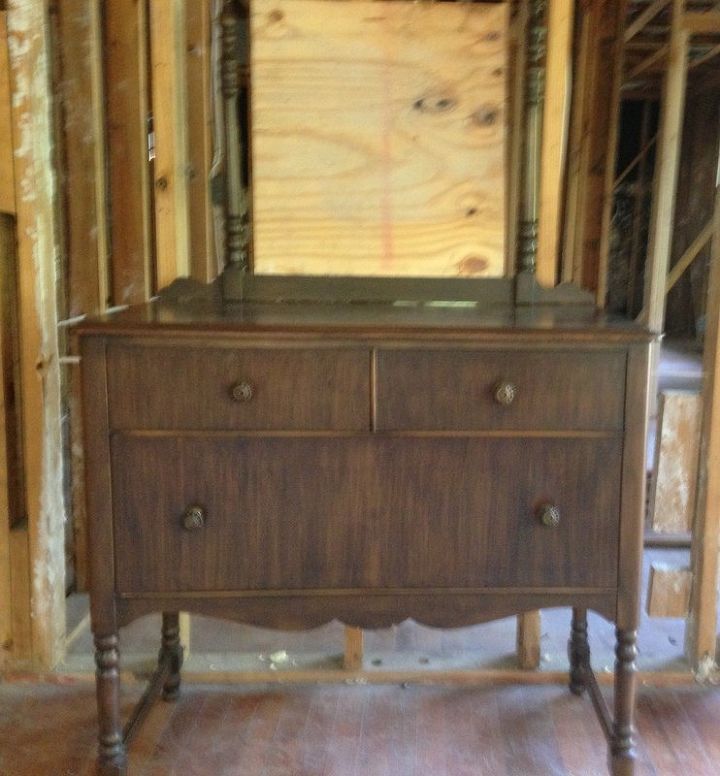 how do i remove the top from a dresser to be used as a vanity, The dresser before sanding and two coats of stain Yes there is a mirror but it s not safe on the job site