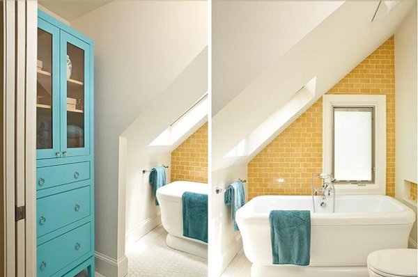 how can i hang a shower curtain in a bathroom with a slanted ceiling, Found this picture on a website It s close to my situation there are no windows in my tub area