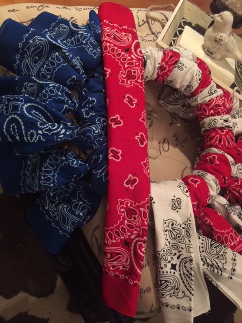 red white and blue ti ful bandana wreath, crafts, how to, patriotic decor ideas, wreaths, Step 3 wrap each bandana around the wreath