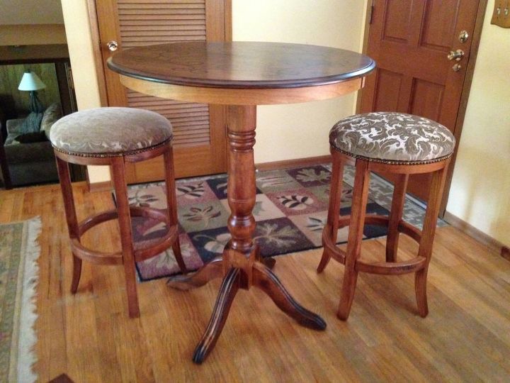 yard sale pub table and stools makeover, outdoor furniture, painted furniture, reupholster