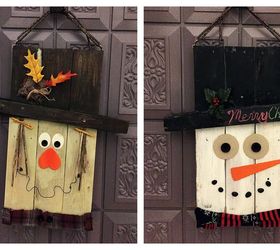reversible pallet door hangers snowman scarecrow, christmas decorations, doors, halloween decorations, pallet, seasonal holiday decor, thanksgiving decorations, woodworking projects