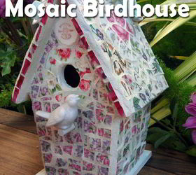 broken china mosaic birdhouse, crafts, gardening, repurposing upcycling