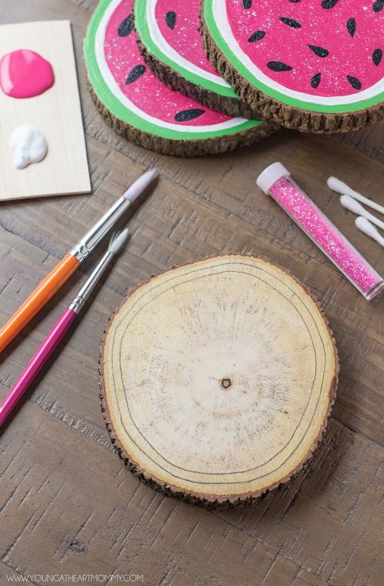 wooden watermelon coasters, crafts, repurposing upcycling