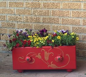 abandoned drawer into a gorgeous flower planter using a stencil, container gardening, gardening, repurposing upcycling