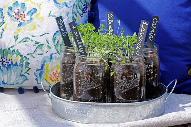 herb garden with personalized tin, container gardening, gardening, how to, mason jars