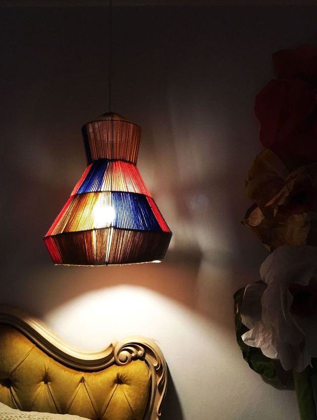 yarn and wire lamp pendant from a tomato cage