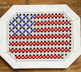 oversized cross stitch american flag on a broken table , crafts, painted furniture, patriotic decor ideas, repurposing upcycling, seasonal holiday decor