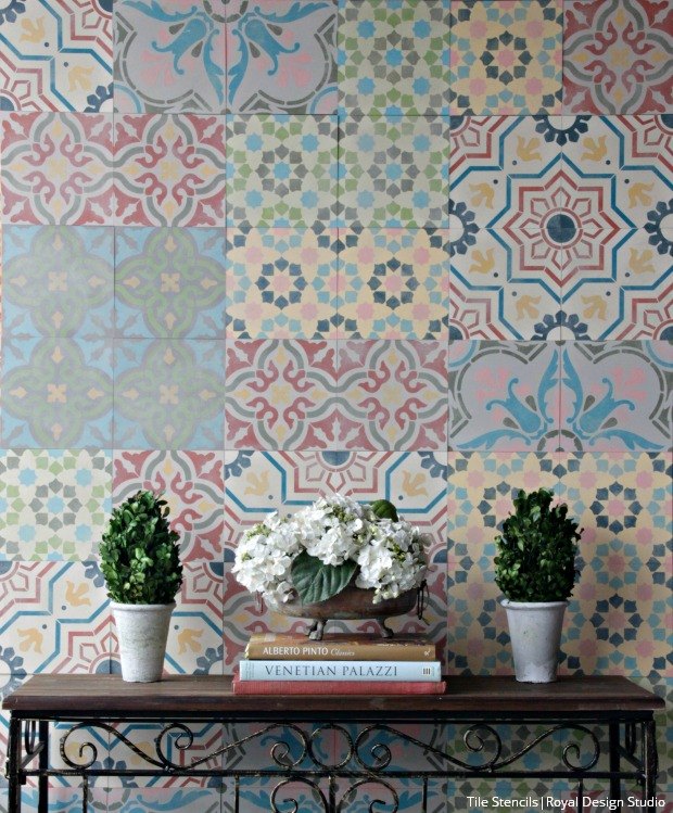 tutorial de estarcido decoracion de pared con azulejos encausticos