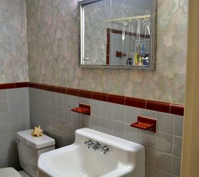 kids bathroom before after brightening a tiny windowless space, bathroom ideas, painting, small bathroom ideas, Ah 60 s tile meets 80 s wallpaper Classy