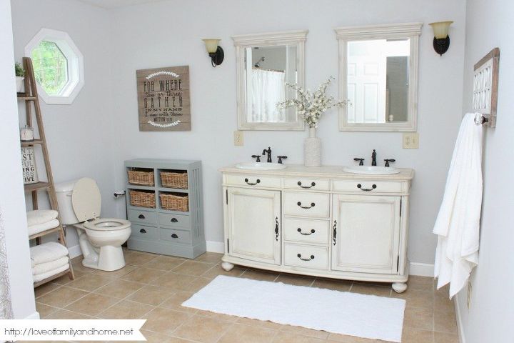 farmhouse style master bathroom makeover, bathroom ideas, painting, rustic furniture