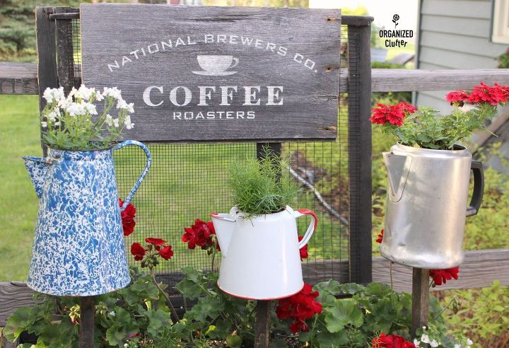 raised coffee pot planters for the junk garden, container gardening, crafts, flowers, gardening, repurposing upcycling