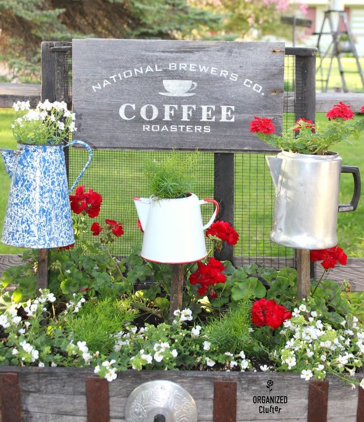 raised coffee pot planters for the junk garden, container gardening, crafts, flowers, gardening, repurposing upcycling