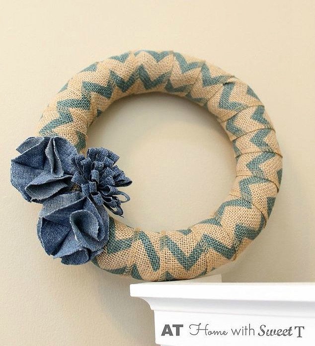 16 patriotic wreaths that will fill you with pride, Burlap Ribbon and Denim Flower Wreath