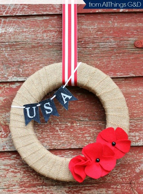 16 patriotic wreaths that will fill you with pride, Burlap Wrapped and Red Felt Flowers