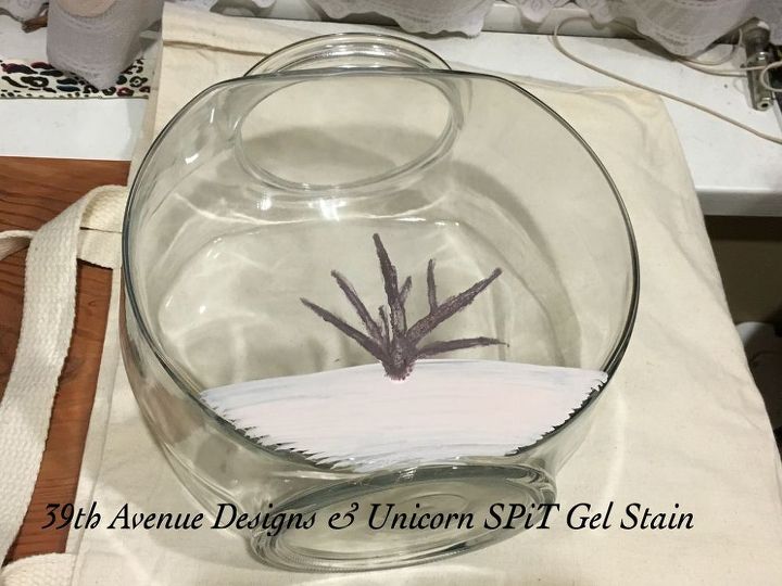 glass fish bowl gets under the sea view with unicorn spit gel stain, crafts, Sandy bottom and coral done