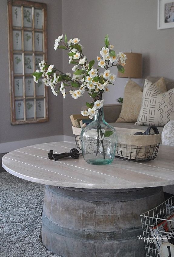 wine barrel coffee table, diy, home decor, how to, painted furniture, rustic furniture