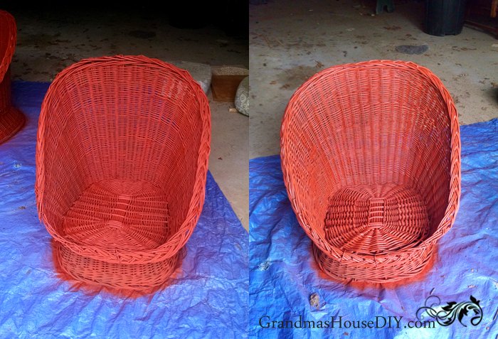 two wicker chairs get a bold makeover in red , outdoor furniture, outdoor living, painted furniture