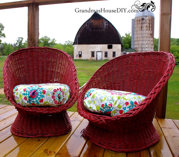 two wicker chairs get a bold makeover in red , outdoor furniture, outdoor living, painted furniture