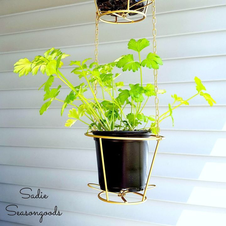 hanging herb baskets from thrift store lampshades, container gardening, crafts, repurposing upcycling