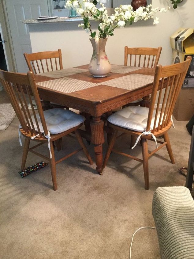 need to update an old oak dining table, She is going to paint chairs but not sure about table plus kind of nervous