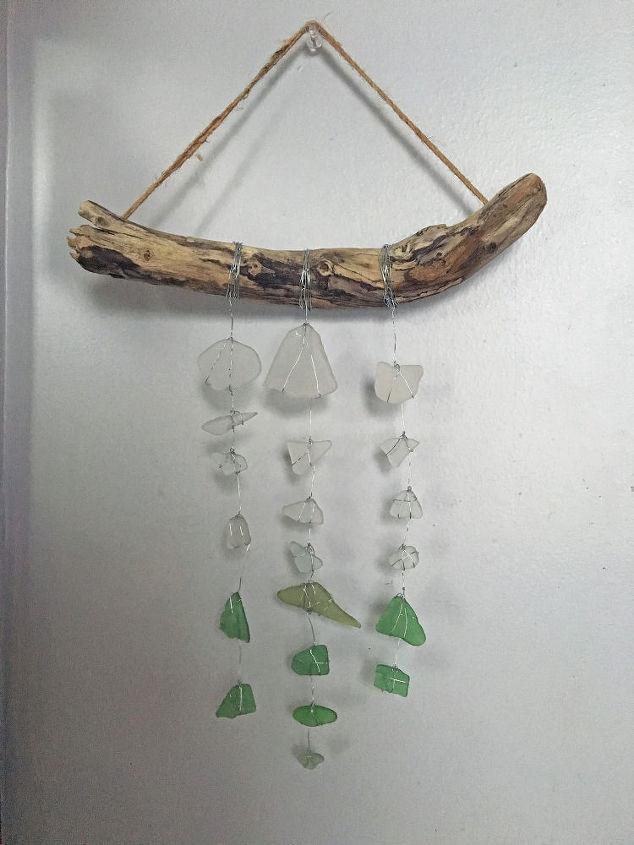 sea glass drift wood wind chime from vacation mementos, crafts, outdoor living