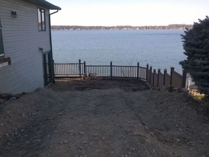 q ideas help , concrete masonry, decks, flooring, home improvement, home maintenance repairs, landscape, large home improvement projects, major home repair, Lake from entertaining area All decking retaining wall and pavers were here We need ideas