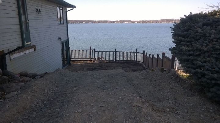 q ideas help , concrete masonry, decks, flooring, home improvement, home maintenance repairs, landscape, large home improvement projects, major home repair, Lake from entertaining area All decking retaining wall and pavers were here We need ideas