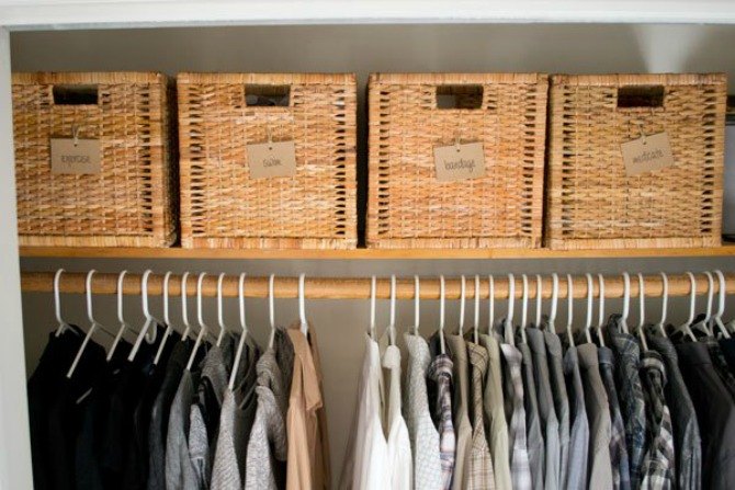 s 13 beauty hacks for your overstuffed closet, closet, doors, organizing, Streamline your storage with pretty baskets